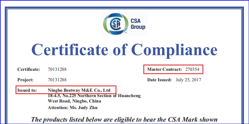 CSA Certification Master Contract And Manufacturer